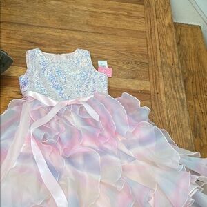 Rare Editions Sequin and Ruffle Dress - Pink and White